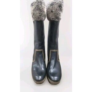 Timberland Tall Boots Women's 8 Black Leather Fur-Lined Wedge Heel Pull-on
